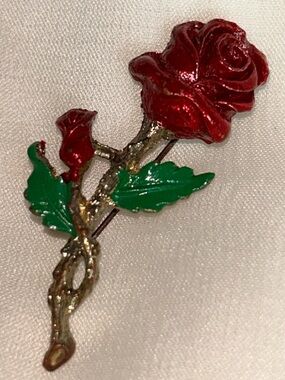 Vintage rose brooch Red And Gold Enamel Rose branch figural figurine pin MCM